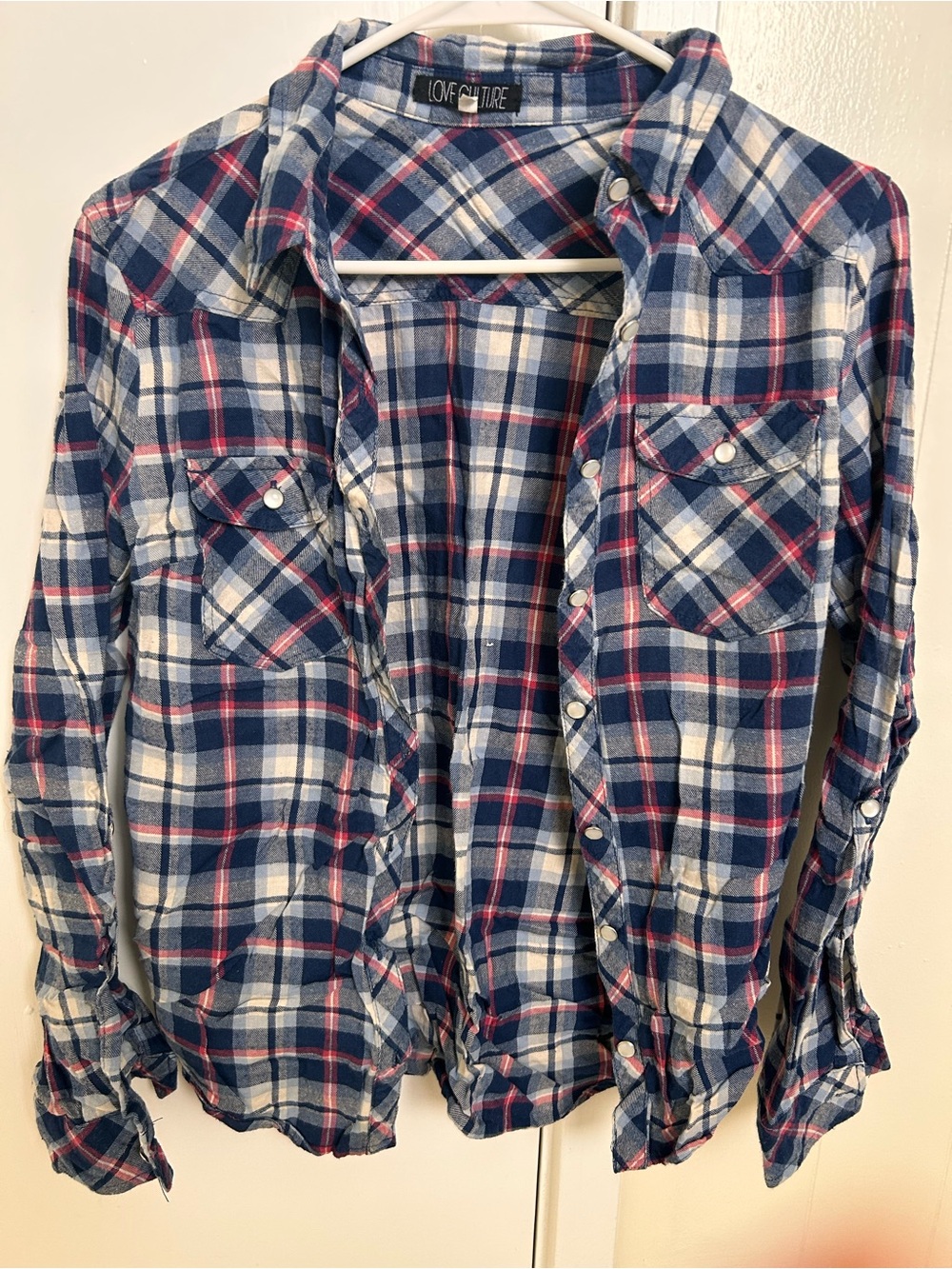 Love Culture Navy Blue, White & Pink Plaid Button-Down Shirt Size M